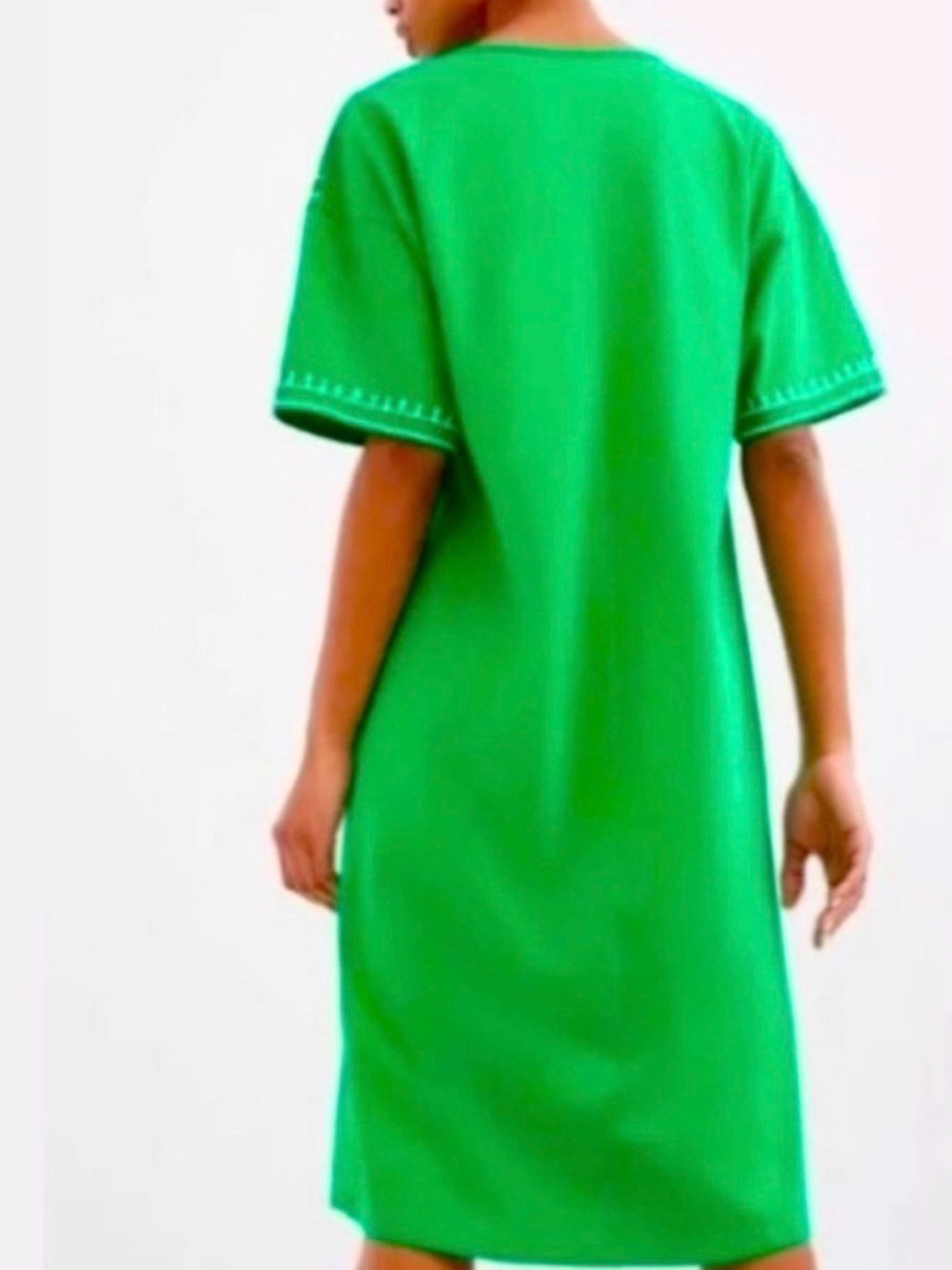 Zara Green Boho Tunic Dress with White Embroidery and Neck Tie Size Small - Picture 6 of 8